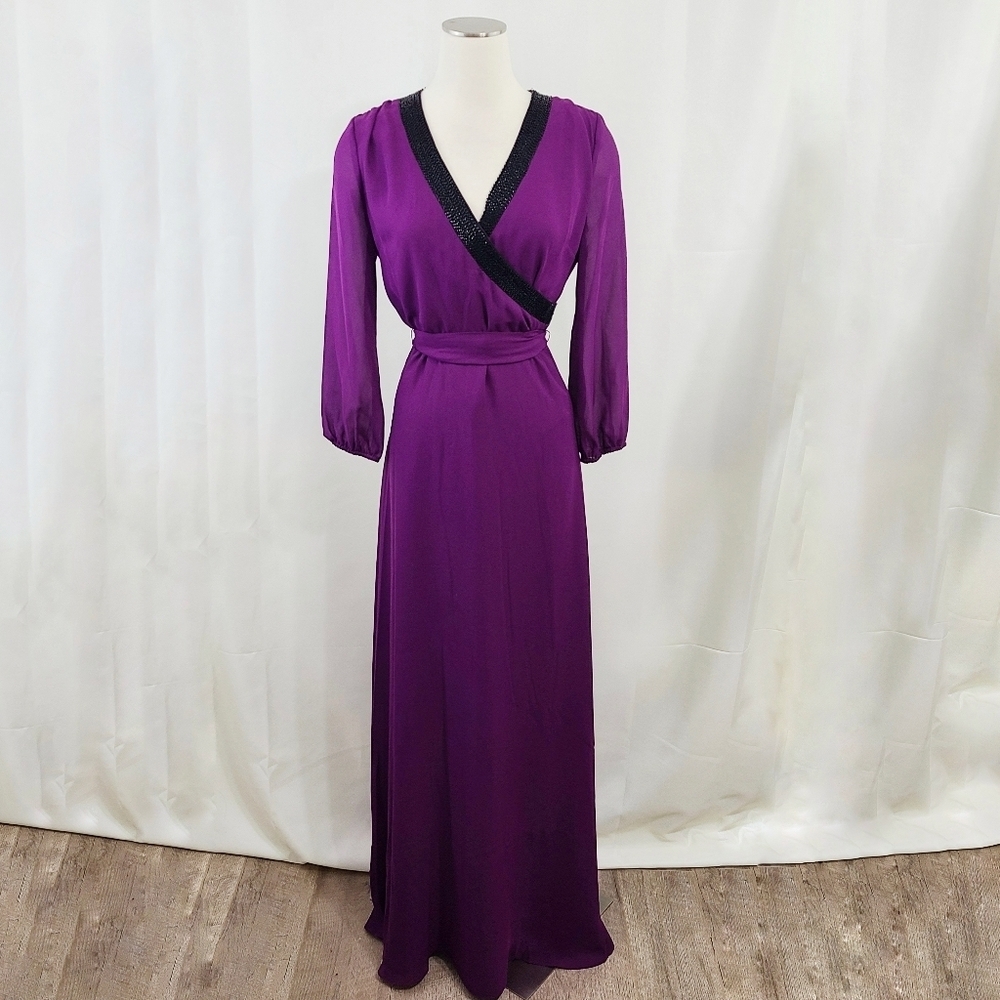 Belle Badgley Mischka maxi wrap dress purple black beaded flowy Women's size 4